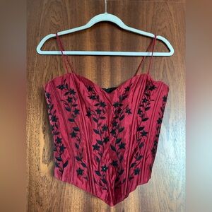 Jessica McClintock Red Corset Top with Black Floral Embroidery